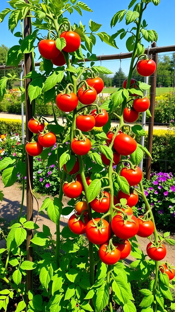 Tomato plants supported by stakes and cages in a sunny garden.